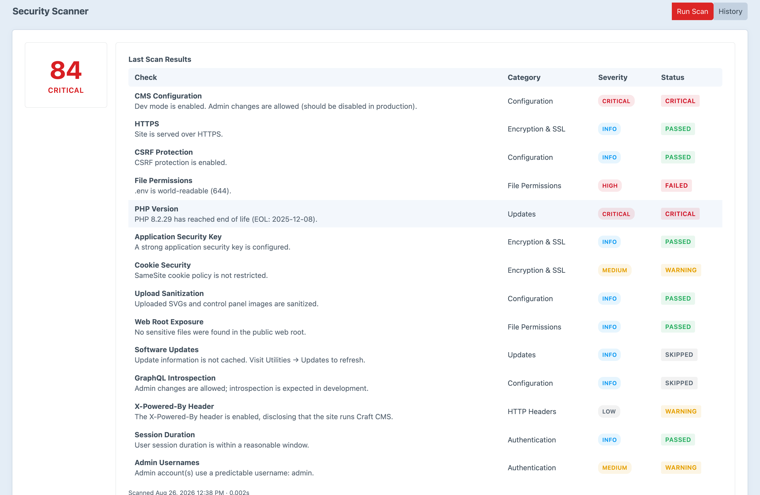 The Garrison scanner screen listing every security check it runs and the result of each